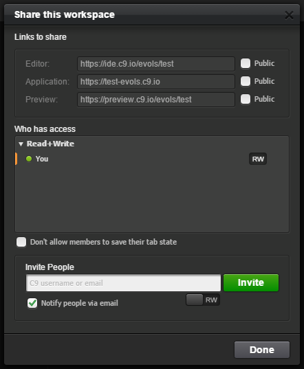 Cloud9 share partage membres projet
