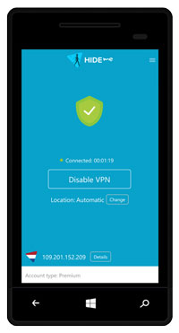 Interface VPN Hide.me Windows Phone