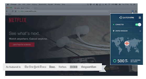 Interface Extension SaferVPN Chrome